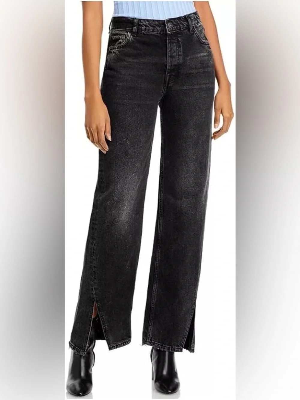 Free People Long Lines Slit Front High Rise Straight Leg Jeans Rockin Black 25 - Picture 4 of 8